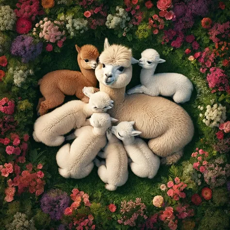 In this emotional illustration, la maternidad se revela en todo su esplendor: a mother alpaca tenderly holds her baby, mientras sus cuatro juguetones hermanos exploran el mundo circundante. La mirada amorosa de la madre, su pelaje resplandeciente y el ento...