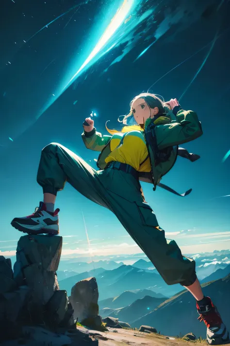 holding a flashlight mature, woman, climbing a mountain, serious, tactical, cool pose, hiking pants, bra wrap, wind, wind breake...