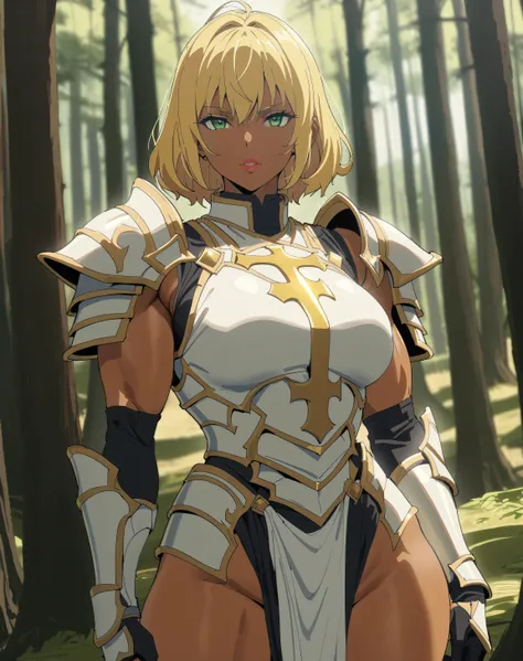 (Masterpiece, best quality, highres) {{Artist: Sincos}} 1 woman, solo, mature, 32 years old, lips, tan skin, green eyes, blonde hair, short hair, fit, tall, muscular, thick thighs, paladin armor, white tabard with gold cross, half-lidded eyes, Stern, looki...