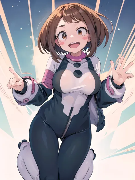 masterpiece, highest quality, High resolution, Mochako, ブラッシュStickers, short hair,Big Breasts、 Superhero, ボディsuit, boots, Jump, bound, magic, smile, mouthをOpen, null, cloud, magic、Ochako_Uraraka, One girl, smile, alone, Open_mouth, blush_Stickers, blush, J...