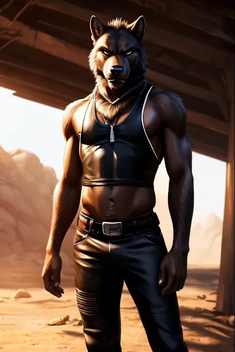 Masterpieces, furry, male, kinky, Anthropomorphic, full body, old age, rugged, twink, black wolf, feminine body type, Delicate eyes, white goatee, grizzled fur, glistening body, biker, thug, ebony skin, depth of field, warm lighting, bright lighting, (best...