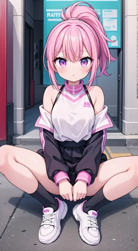 4k hd, high qulity, 1girll,Pink hair ponytail, Sexy clothes, the street, Superskir, Sitting down, Spread your legs, skinny and thin, white short socks, not nsfw