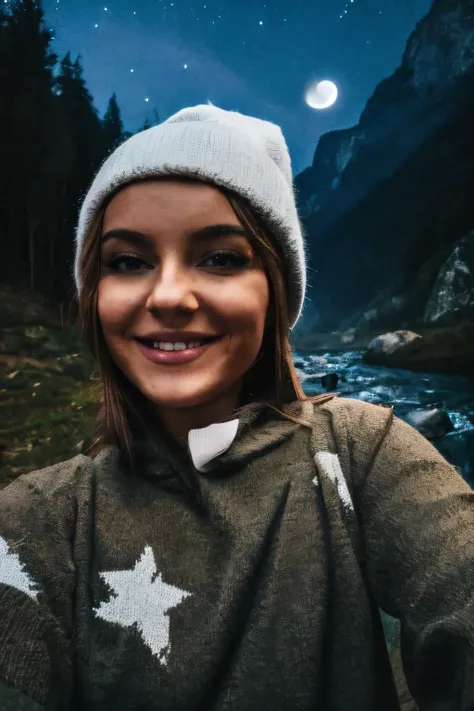 photograph, photo of curvy russian girl, selfie, solo, wearing pullover, outdoors, (night), mountains, real life nature, stars, moon, cheerful, happy, gloves, sweater, beanie, forest, rocks, river, wood, smoke, fog, looking at viewer, skin texture, photo g...