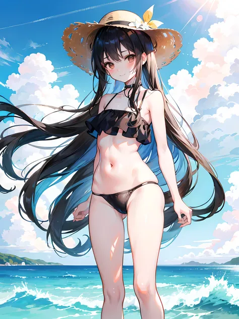 anime girl standing on the beach, ocean in the background, clear sky, beautiful sky, beautiful sunlight, wind, waves, (1girl), long black hair, brown eyes, small breasts, belly button, wearing a black swimsuit, sun hat, smile, blushing, expressive eyes, am...