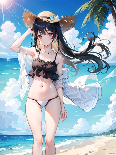 anime girl standing on the beach, ocean in the background, clear sky, beautiful sky, beautiful sunlight, wind, waves, (1girl), long black hair, brown eyes, small breasts, belly button, wearing a black swimsuit, sun hat, smile, blushing, expressive eyes, am...