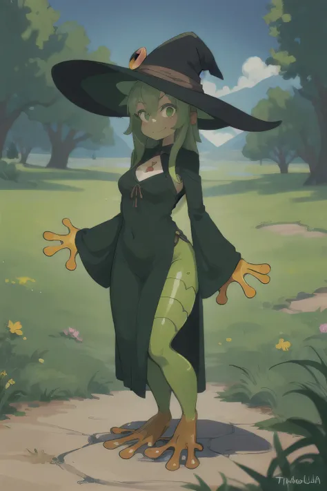 1girl, frog girl, witch hat, full body, outdoors, adult, mature looking, wide hips, dark green dress