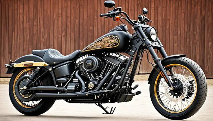 best quality, super fine, 16k, incredibly absurdres, extremely detailed, delicate and dynamic, Harley Davidson with gold-plated metal parts and matte black body, background old west frontier