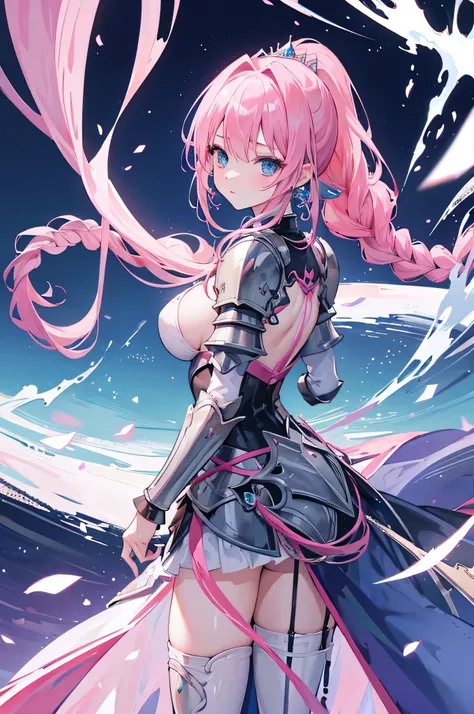 4k,High resolution,One Woman,Pink Hair,Long Ponytail,Braid,Blue Eyes,Big Breasts,princess,princess knight,knight armor,Full Armor,Princess&#39;s Tiara,Jewelry decoration,Long sword,Paladin&#39;s Shield,Medieval town