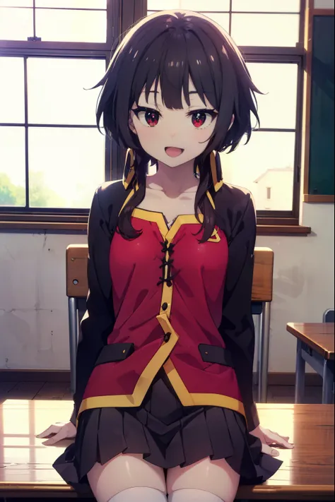 konosubaMegumin, Megumin, short hair, Black Hair, (Red eyes:1.3), short hair with long locks,happy smile, smile, Open your mouth,
 uniform,Black cardigan,White Thailand,Red blazer,Red pleated skirt,White knee-high socks,Black Loafers,Sitting in a chair,The...