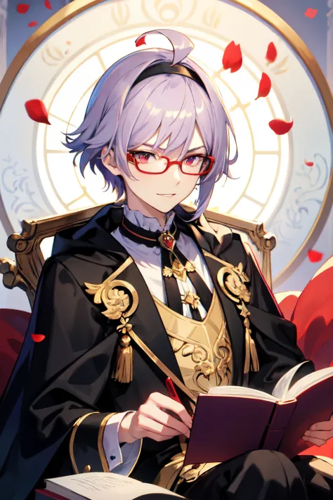 masterpiece, (best quality), highly detailed, (((1boy))), ((androgynous)), solo, ahoge, black hairband, ((pretty boy)), (detailed face:1.2), red glasses, short hair, unkempt hairstyle, ((pale violet hair color)), messy bangs, red eyes, tufts of hair, smirk...