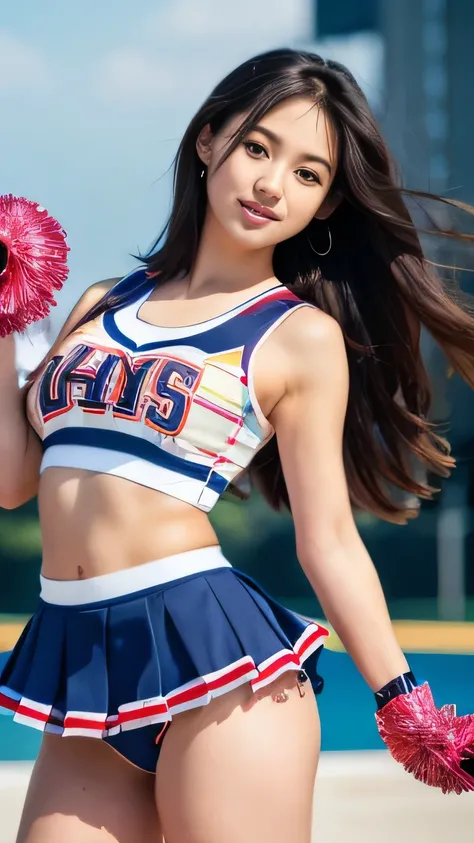 highest quality, masterpiece, Ultra-high resolution, (Realistic:1.4), RAW Photos, 32K Portrait, Very detailed, Cowboy Shot, Dynamic pose, 

One girl, 16 years old, The most famous Japanese idol、Japan&#39;s most popular cheerleader, Wearing only sleeveless ...