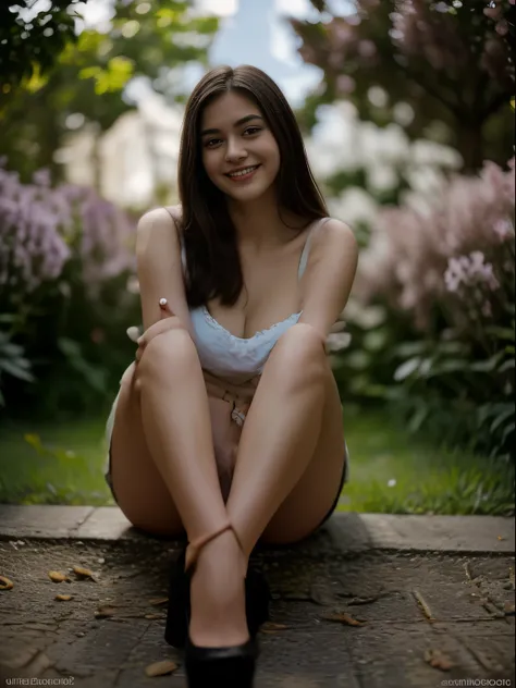 (best quality,ultra-detailed,realistic),full-body shot,short skirt,high black heels,16-year-old brunette woman,thick lips,smiling,almond-colored large eyes,illustration,additional details: blooming flowers in the background,vibrant colors,warm lighting.