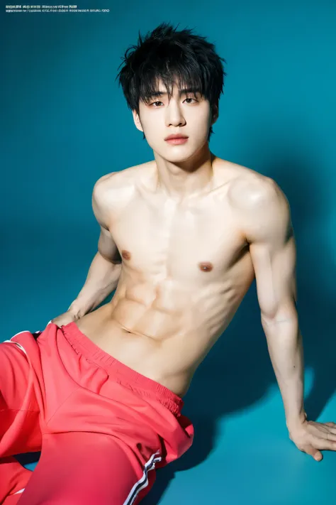 Full colorful studio light background and backdrop,magazine photo,sexy abs pose,no text,abs shirtless,shirtless monochromatic short suit,Handsome korean male,Center-parted hairstyle,a cassock,worship,angle tilted to the side,