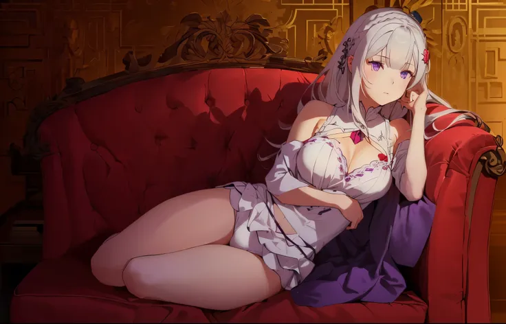 Emilia re:zero, purple eyes, Emilia, crown braid, x hair ornament, flower hair ornament, white hair, long hair, medium breasts, anime girl in underwear sitting on a red couch with a hat, sitting on the couch, sitting on the sofa, on a couch, commission for...