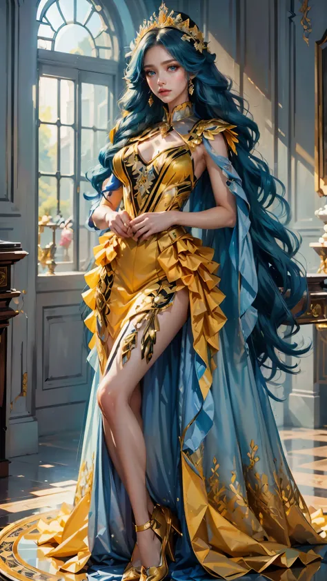 Best quality, masterpiece, ultra high res, raw photo, beautiful and aesthetic,deep shadow, dark theme,(ultra detailed:1.3),
1girl, sexy pose, Headdress, hair ornament, full of curtain, drill hair, long hair, blonde hair, gradient hair, yellow eyes, solo, h...