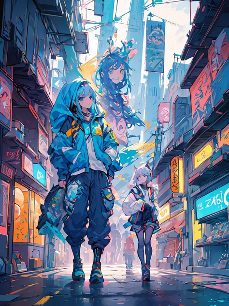 garota anime com roupa futurista com orelhas de gato e fones de ouvido, linda garota ciborgue, arte digital de anime cyberpunk, ...