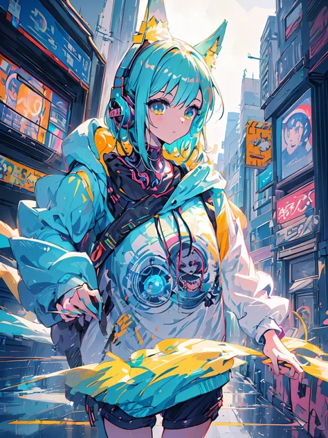 garota anime com roupa futurista com orelhas de gato e fones de ouvido, linda garota ciborgue, arte digital de anime cyberpunk, ...