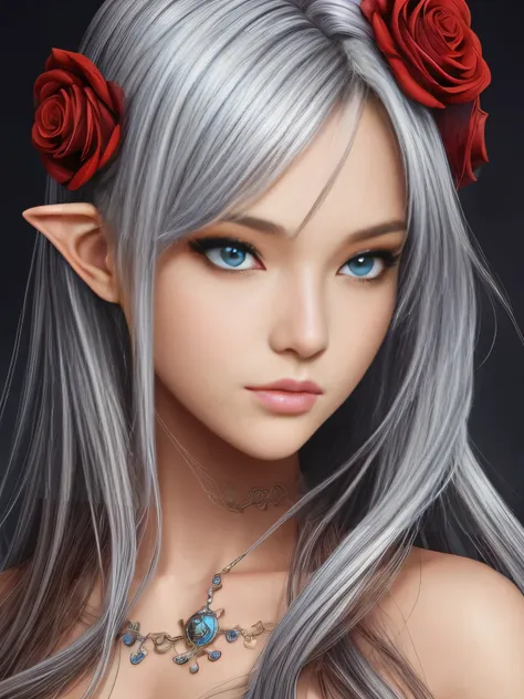 blond girl with blue eyes and red roses in her hair, concept art by yang j, artstation contest winner, fantasy art, extremely de...