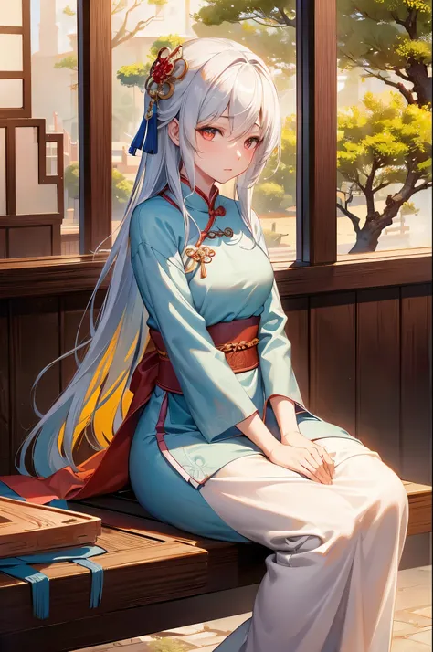 ancient china mythology, traditional style, greg rutkowski, bashful queen, isekai fantasy, wuxia genre, sitting at a table, (highly stylized artstyle), landscape