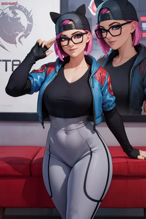 (masterpiece), (best quality), standing, (solo), looking at viewer, high detailed,extremely detailed, fine eyes, smile,dynamic pose, short pink hair,cap,loose black v neck t shirt, jacket,fingerless glove,curvy,glasses,(gray leggings),(portrait:1.2),