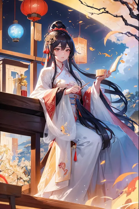 ancient china mythology, traditional style, greg rutkowski, bashful queen, isekai fantasy, wuxia genre, sitting at a table, (highly stylized artstyle), landscape