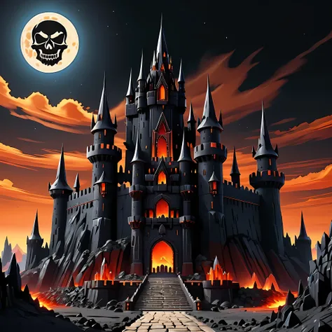 Bright cartoon, evil castle perched ominously on barren landscape of Moon, jagged spires and turrets crafted from obsidian stone, massive gates with skull motifs and lava moats, sinister banners, epic, masterpiece in maximum 16K resolution, superb quality
