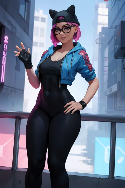 (masterpiece), (best quality), standing, (solo), looking at viewer, cyberpunk, high detailed,extremely detailed, fine eyes, smile,dynamic pose, short pink hair,cap,loose black v neck t shirt, jacket,fingerless glove,curvy,glasses,(gray leggings),(portrait:...