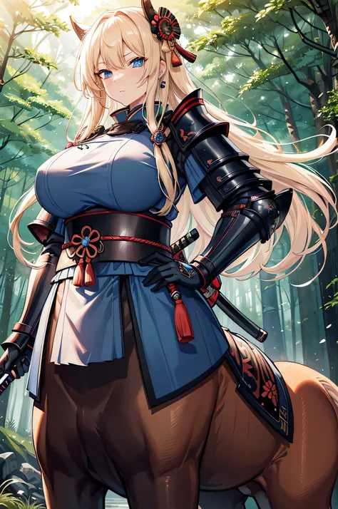 4k,High resolution,One Woman,centaur,Blonde,long hair,Blue Eyes,Big Breasts,samurai,Samurai Armor,Heavy Armor,Full Armor,Jewelry decoration,Big Japan sword,in the forest