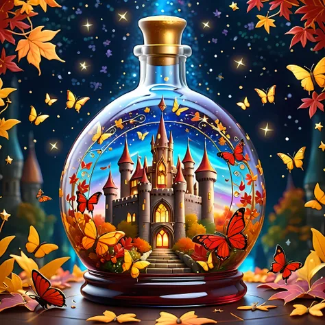 Bright cartoon, magic autumn vibrant castle delicately place inside a wide ornate glass bottle, surrounded by vast cosmos of twinkling stars and swirling galaxies, golden and crimson leaves inside the bottle, and stunning butterflies, masterpiece in maximu...