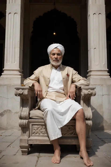 illustration of an old king sitting on a stone throne, like typical Indian clothes and white turban