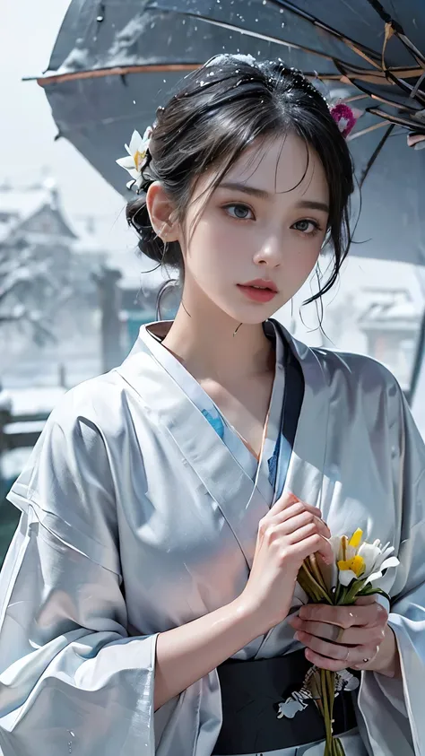 (RAW shooting, Photorealistic:1.5, 8k, highest quality, masterpiece, Ultra-high resolution), ((((heavy snow, Blizzard)))), Highly detailed skin and facial textures:1.3, Perfect dynamic composition:1.2, (Shrine at night in a modern city, Expressions of sadn...