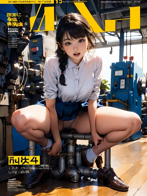 (((magazines cover))), (large title), (many heading), (whole body, eccentric pose), (((round face))), drooping eyes, (worker clothes, shirt, tiny panties), ((straddling to hit her crotch on exposed pipe)), open legs, raise leg, open mouth, (in the factory,...