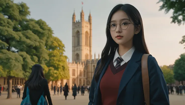 A Chinese female student,Student portrait photography pictures Chinese students,wear glasses,young,Black long hair,Book in hand,Carrying a leather bag,walk,The main character is on the far right of the screen,The character has his back to the camera,Show t...