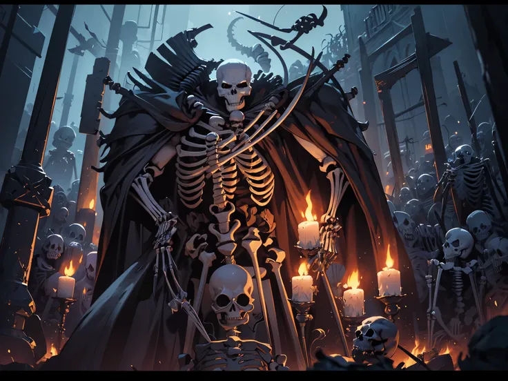 there is a skeleton holding a knife in front of a poster, skeleton king, undead skeleton king, skeleton knight, saint skeleton queen, skeleton pirate, skeleton warrior, grim gwent card, covet death, skelleton, the king of death, ( ( ( skeleton ) ) ), micha...