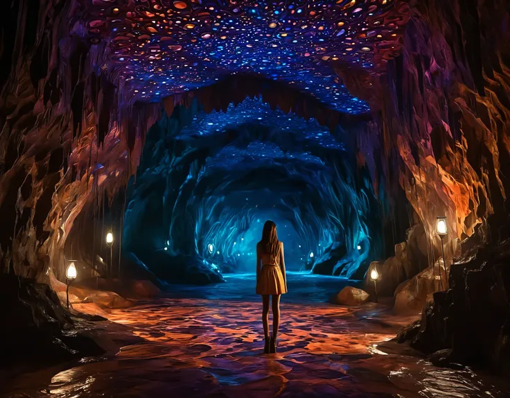 a girl with large eyeballs standing inside a beautifully designed cavern. the cavern is filled with intricate details and has a ...