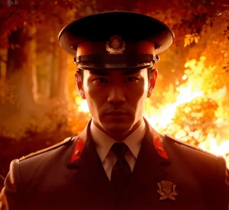 Chinese man soldier, rude face, black hair short military style cut, Chinese blue military Russian commander uniform, Chinese style military hat, he is in a burned forest, red sky, ultra Realistic, ultra detailed, hyper Realistic, 4k, ultra detailed image,...