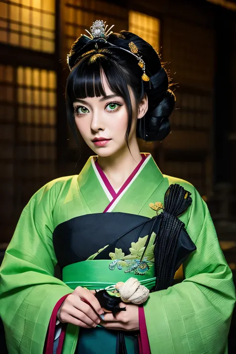 8k, highest quality, masterpiece:1.2),(highest quality:1.0),Ghost Woman、Ghost Woman、Black Hair、Green Eyes、tattoo、Alleys of the Edo period、Night view、alone、Black kimono、Japanese hairstyle、