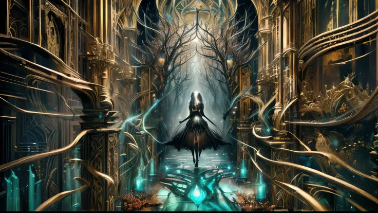 A woman in a black dress is walking down the hallway, Symmetrical epic fantasy art, Breathtaking fantasy art, Surrealism and fantasy art, Entrance to the spirit world, Detailed fantasy digital art, Digital Art Fantasy Art, Wide angle fantasy art, Beautiful...