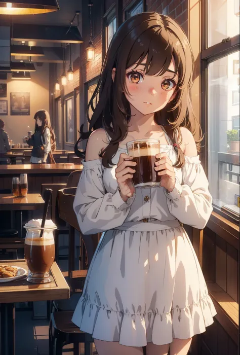 in the dimly lit coffee shop, there sat a young anime girl with long, wavy brown hair that cascaded down her shoulders. she held...