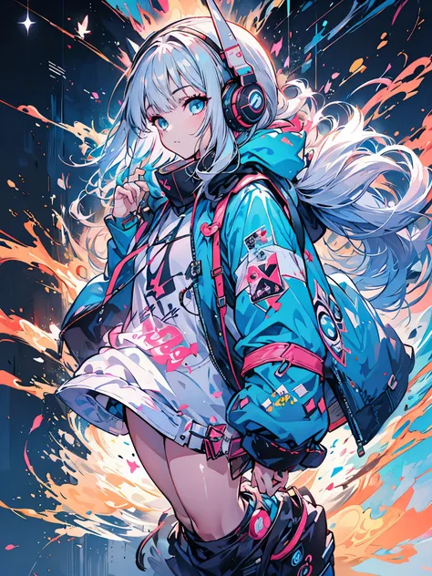 garota anime com roupa futurista com orelhas de gato e fones de ouvido, linda garota com partes ciborgue, arte digital de anime ...