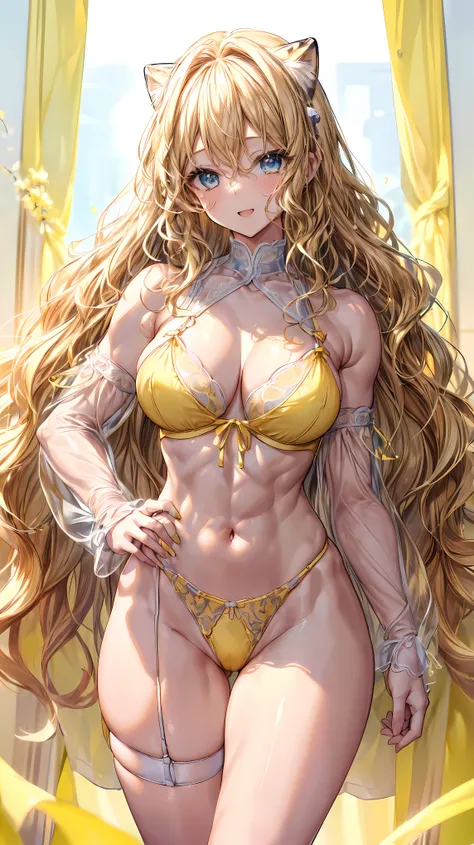 (Adult women:1.5)、Very detailed、highest quality、Best image quality、masterpiece、8k、Anime Face、A kind smile、(Open your mouth:1.3)、Sparkling blue eyes、(Blonde Wavy Hair:1.5)、、Muscles of the whole body、(High leg:1.5)、Thigh belt、(Wearing yellow lingerie:1.5)、(C...