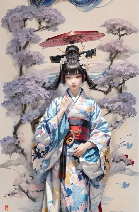 A woman in a kimono standing in front of a painting, palace ， Girl in Hanfu, onmyoji detailed art, onmyoji, Portrait of an Onmyoji, Beautiful character drawings, artwork in the style of Gweitz, Gweitz, Gweitz on pixiv artstation, Gweitz on artstation pixiv