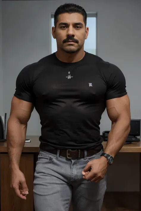 Obra maestra, mejor calidad, ultra detallado, 1 hombre, macho maduro, muscular, pedazo, bara, deportista, carne de res, negro skin, negro, piel bronceada, latino, 38 years old, negro hair, gray fur, bigote corto, cabello demasiado cortado, mirando al espec...