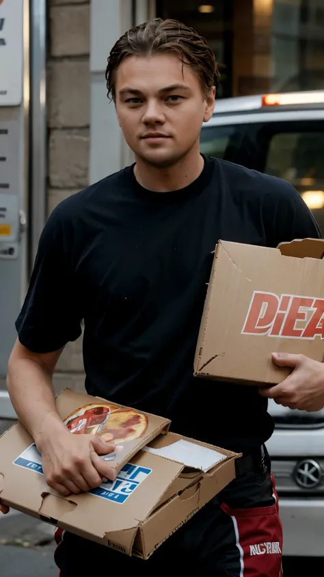 Leonardo DiCaprio, Work as a pizza delivery man, perfect face, ultra HD.