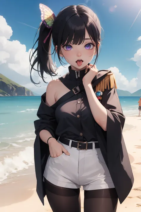 kanao tsuyuri, black hair, butterfly, butterfly hair ornament, (purple eyes:1.1), side ponytail, ponytail,
BREAK (pantyhose under shorts, , seamed legwear, shorts, shoulder boards, swept bangs, wide sleeves:1.2),
BREAK (outdoor,Blue sky,White cloud,beach,s...