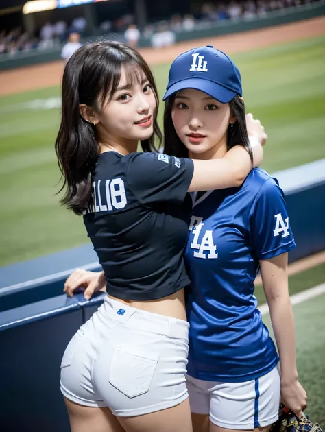 8k), (highest quality: 1.2), (Realistic), (Realistic: 1.37), Ultra-high resolution, (2 girls),(straight, Silky black hair), Giant Dulcefo,(White tiny hot pants:1.2),In the stands at a baseball stadium,smile, whole body,Long legs,Beautiful legs,(Ultra-small...