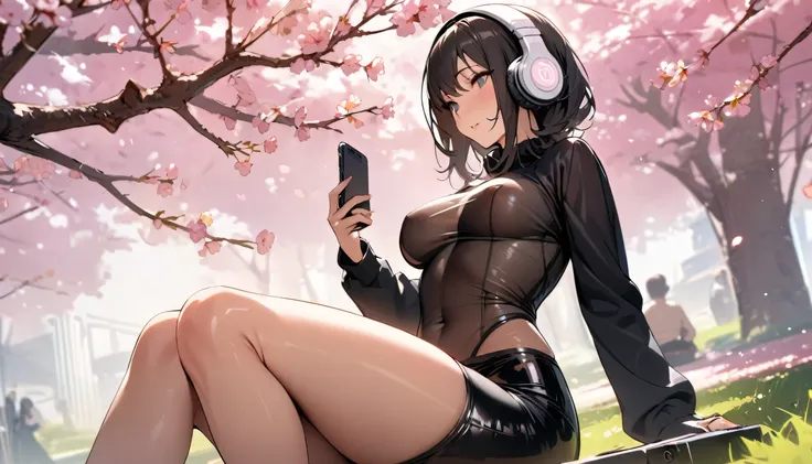 (Top quality)), ((Masterpiece)), (Details), perfect face, sitting under a cherry tree, listening to music, a woman, wearing headphones, wearing underwear, underwear is transparent, sitting with legs wide open, wearing tight clothes, showing butt and breast...