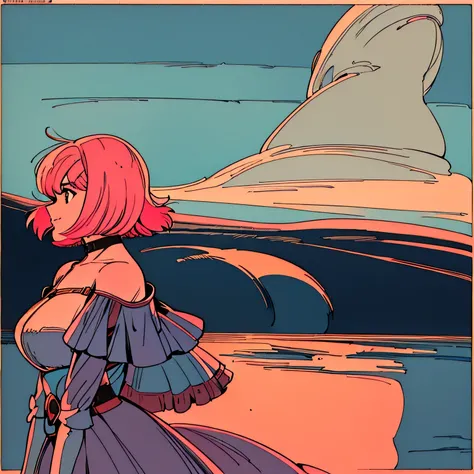 master piece, Europe, Pink Hair, fluffy bob cut, shoulder length, alone, Futuristic, yet, lofi, retro, dress, middle ages, Classicism, High resolution, ligit smile, The wind is blowing, side shot, looking away, sunset,  high resolution, High resolution, si...