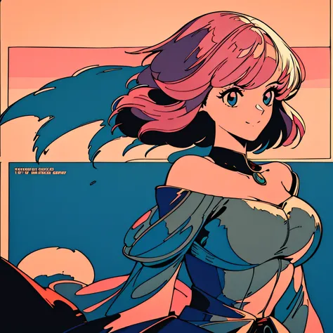 master piece, Europe, Pink Hair, fluffy bob cut, shoulder length, alone, Futuristic, yet, lofi, retro, dress, middle ages, Classicism, High resolution, ligit smile, The wind is blowing, sunset,  high resolution, High resolution, side shot