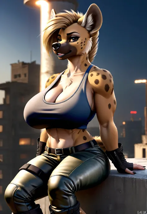 4k highly detailed realistic digital extremely high quality drawing, masterpiece, (by keeltheequine), (uploaded on e621), (a full-body portrait of an anthro hyena girl), (sitting on the roof of a building in a post-apocalyptic wasteland, holding a rifle)),...